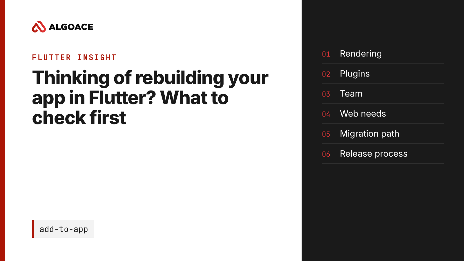 Algoace cover: Thinking of rebuilding your app in Flutter? Six checks before a rewrite, beside a Signal Red bar.